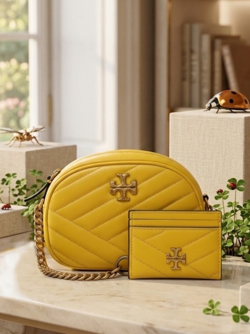 NEW Tory Burch Kira Chevron Goldfinch Yellow Small Camera Bag + Card Case Set
